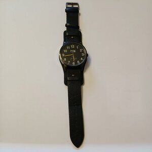 Cruise Club Men's Black Round Dial Wide Strap Faux Leather Band Watch